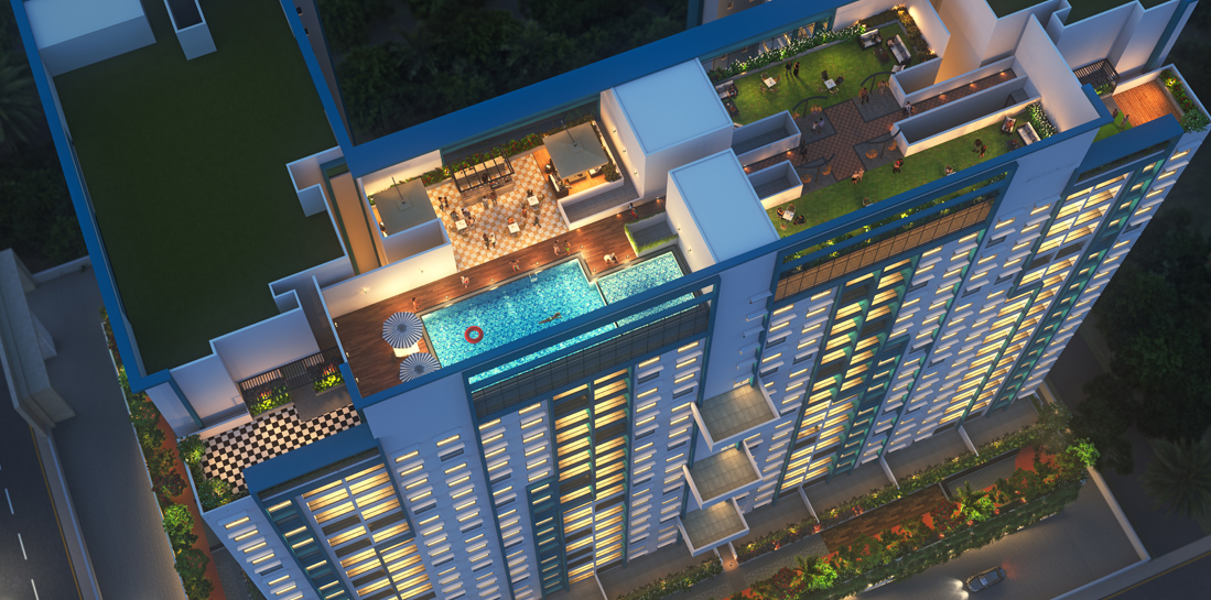 Aerial view of a high-rise building featuring a pool at Megapolis shimmer